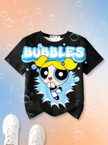 THE POWERPUFF GIRLS X SHEIN Tween Girl Cartoon Pattern Short Sleeve Round Neck T-Shirt, Summer - White - View 7