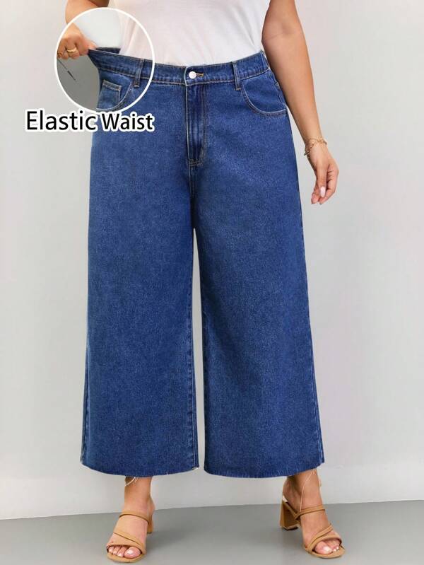 SHEIN PETITE CURVE Blugi denim pentru femei, mărime plus, cu decor de buzunar, cu picior larg, casual, versatil, vară 4 iulie, haine de lucru pentru femei, 4 iulie, ținute de aeroport pentru femei, ținute de vacanță, femei, club, blugi cu talie înaltă, vintage
