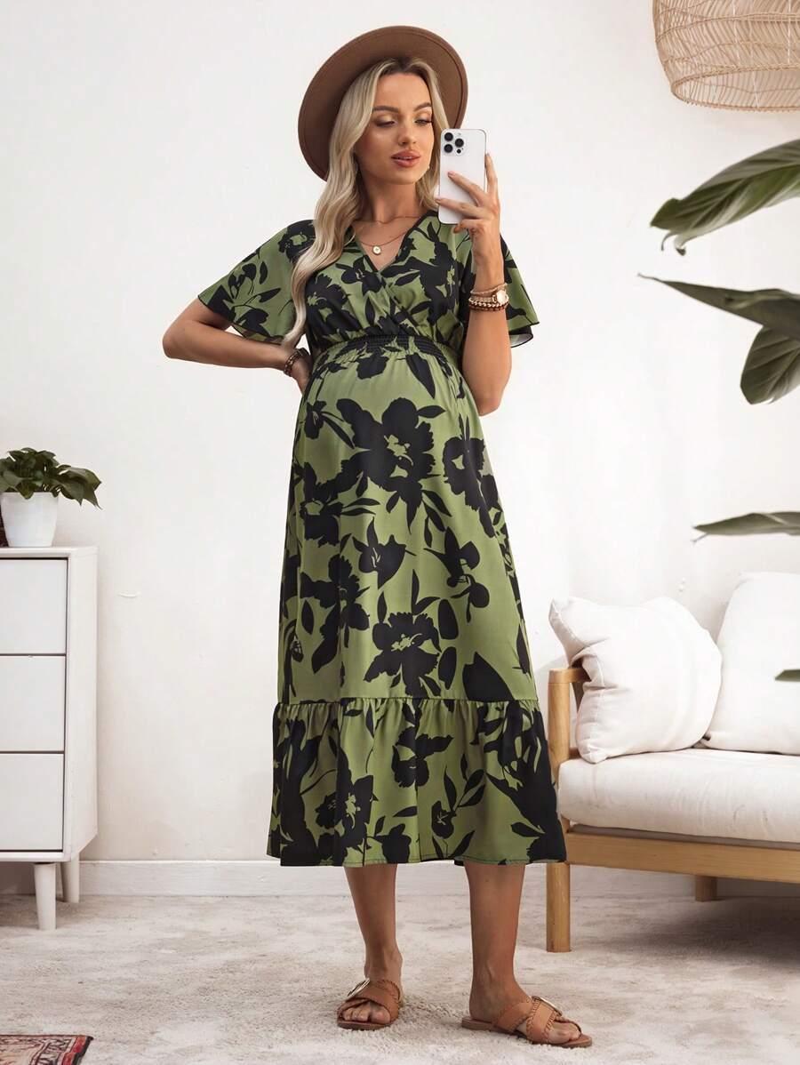 SHEIN Robe de vacances décontractée à manches volantées avec imprimé floral pour femmes enceintes - Militaire verte - Voir 1