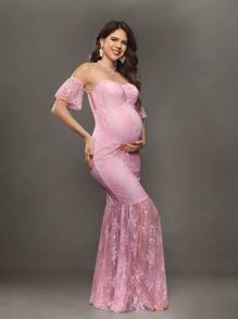 Cheriluna Maternity Vestido largo de maternidad de ajustado con encaje y red, perfecto para bautizo o fiesta de bebé - Rosa - Ver 4