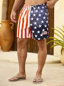 Manfinity Swimmode Men's USA Flag Print Drawstring Waist Beach Shorts - Orange - View 5