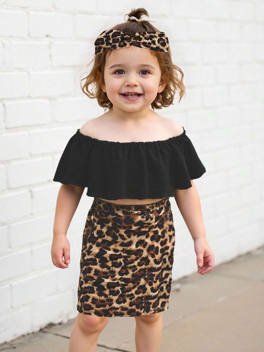 Baby Girl Ruffle Trim Top & Leopard Print Skirt With Headband