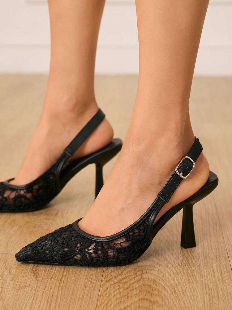 CUCCOO HITCHD Women's Pointed Toe Stiletto Heel Lace Mesh Black Wedding Shoes, Elegant Breathable Ladies High Heel Slip-On Pumps For Christmas Elegant Shoes Wedding Shoes Summer Shoes Bride Shoes