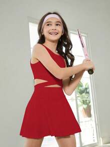 Tween Girls White Solid Color Spring/Summer Outfit, Minimalist Solid Color Comfortable Versatile Suit, Collegiate Casual Sportswear, Running/Outdoor Chic High Waist Design Snug Fit & Lengthening All-Match Girls Suit - Red - View 7