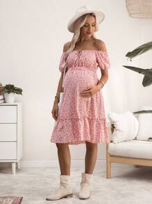 SHEIN Ditsy Floral 露肩孕妇休闲度假连衣裙 - 粉色 - 查看 5