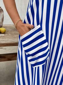 SHEIN LUNE 女式休闲条纹竹结无袖开口袋长裙，春夏 - 藍白色 - 查看 6