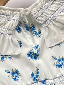 SHEIN Elegant French Ditsy Floral Puff Sleeve Dress, Collar And Waist Shirred Design, Summer Girls Clothes, Young Girls Dresses For Girls That Cover Your Shoulders