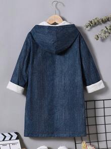 SHEIN 男小童翻蓋口袋毛絨內襯牛仔效果印花連帽外套 - 藍色 - 查看 2