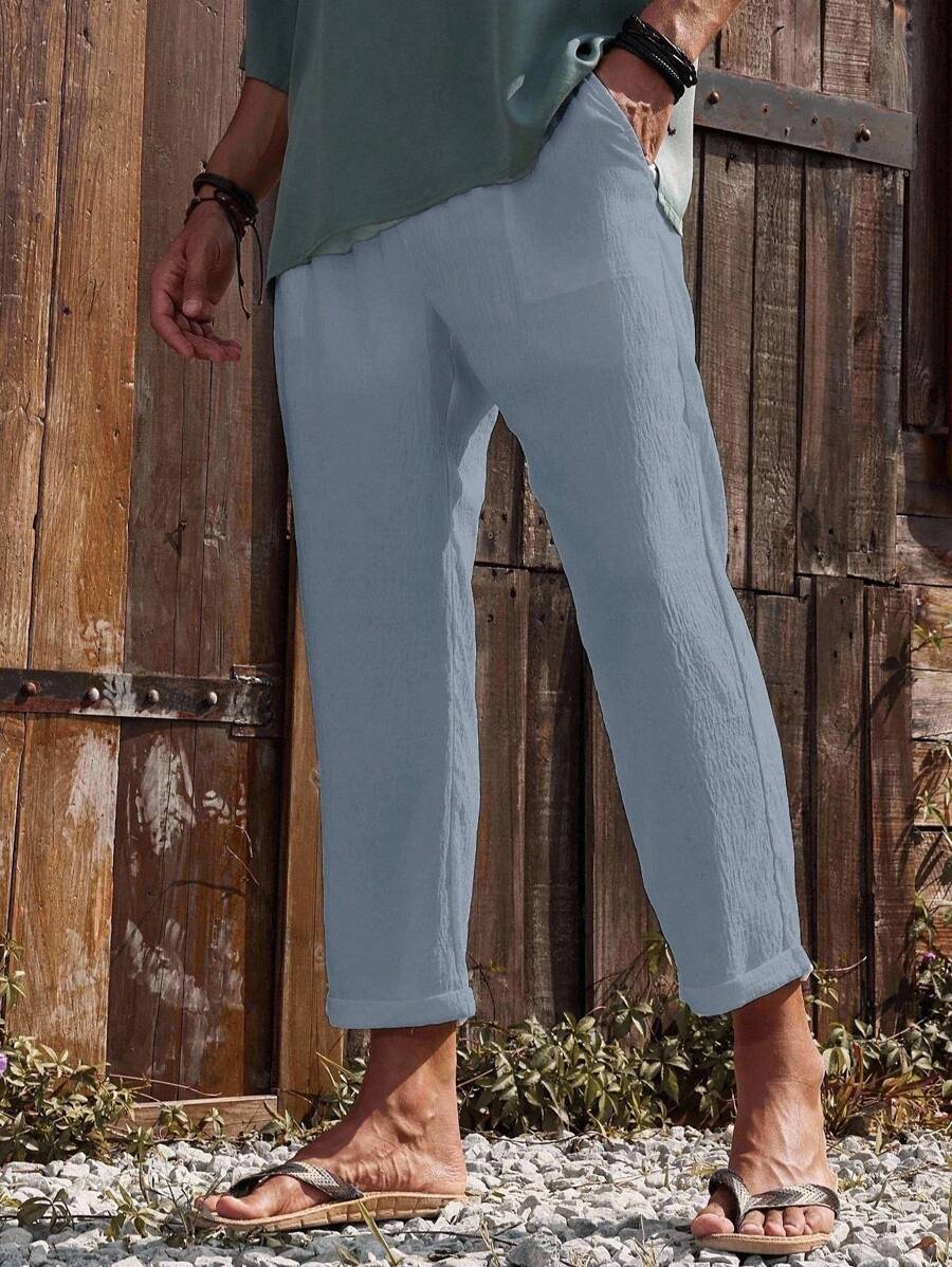 Genlund Men's Casual Drawstring Waist Solid Color Pants Men Linen Pants Summer Pants Men Summer Pants - Dark Grey - View 1