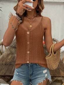 SHEIN LUNE 女士时尚镂空提花纹理波西米亚风纽扣装饰吊带背心 - 棕色 - 查看 3