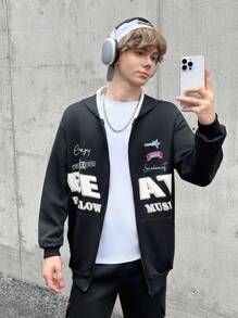 SHEIN 青少年男孩休闲夹克，外套，赛车英文图案印花，适合秋季，适合冬季，适合保暖，适合大学，适合家居