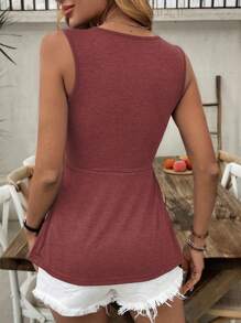 SHEIN LUNE 女式休闲 V 领无袖上衣，正面扭纹和褶饰，夏季 - 紅色 - 查看 2