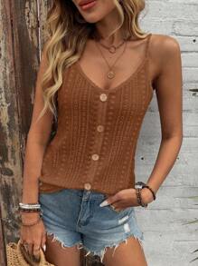 SHEIN LUNE 女士时尚镂空提花纹理波西米亚风纽扣装饰吊带背心 - 棕色 - 查看 1