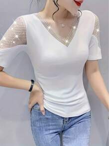 SHEIN Clasi 女士通勤休闲V领短袖时尚T恤，夏季