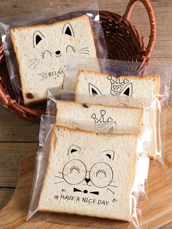 SHEIN 100pcs, Cute Cartoon Transparent Self-Adhesive Bread Bag, Bean Paste Pineapple Bag Baked Sliced Toast Whole Wheat Bread Self-Sealing Packaging, Biscuit Bag School Supplies Food Bag Food Box Suitable For Candy Chocolate Cookies Etc.