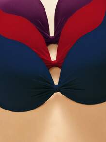 SHEIN 3 件大码纯色蝴蝶结聚拢罩杯超细纤维带钢圈曲线文胸（紫蓝红），提升