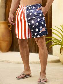 Manfinity Swimmode Men's USA Flag Print Drawstring Waist Beach Shorts - Orange - View 6