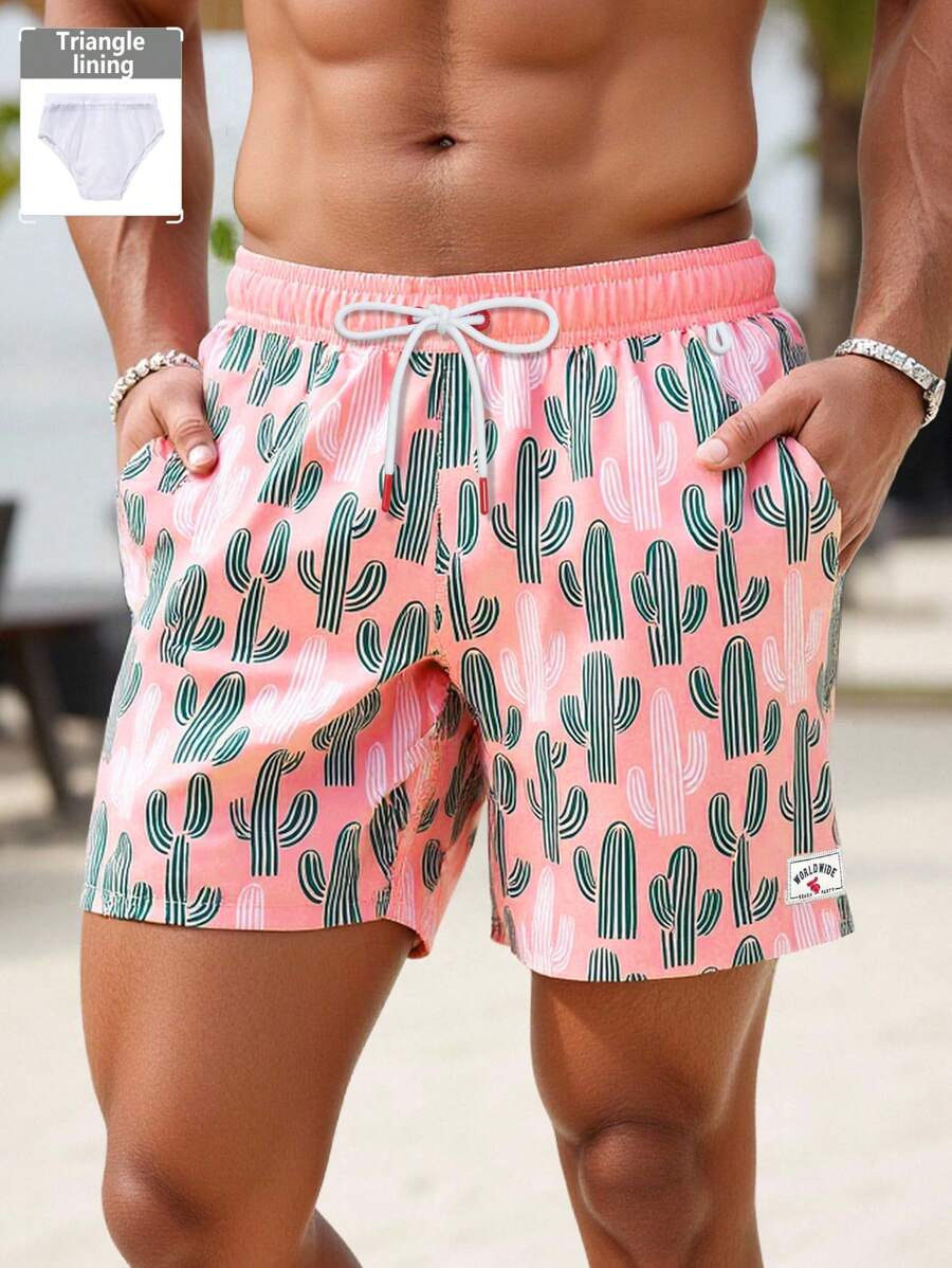 Surfspeed Men's Cactus Print Drawstring Waist Beach Shorts Beach Vacation Men - Pink - View 1