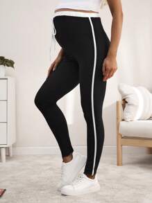 SHEIN 孕妇弹力腰拼接黑白打底裤，秋冬休闲 - 黑色 - 查看 3