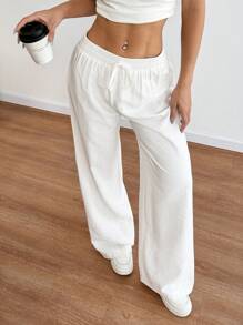 SHEIN PETITE 女款弹性腰部阔腿直筒裤，度假休闲风格，小码版型，春夏 - 白色 - 查看 3