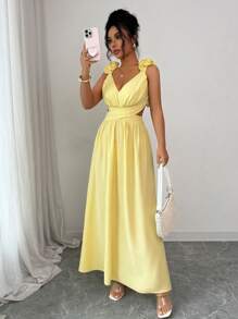 Elenzga Vestido elegante de mujer de unicolor con dobladillo con volantes, abertura en la cintura y diseño con espalda descubierta con cordones