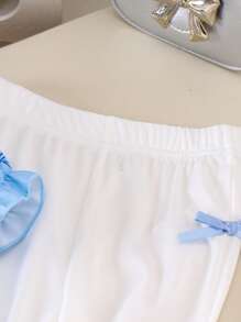 SHEIN Genkimix Kids 两件套女童蓝色蝴蝶结印花休闲衬衫和象牙白裤子，甜美可爱的夏季套装，女童两件套，儿童女童套装，浅蓝色儿童套装，蝴蝶结印花套装 - 藍色 - 查看 6