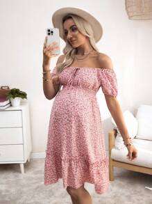SHEIN Ditsy Floral 露肩孕妇休闲度假连衣裙 - 粉色 - 查看 6