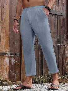 Genlund Men's Casual Drawstring Waist Solid Color Pants Men Linen Pants Summer Pants Men Summer Pants - Dark Grey - View 3