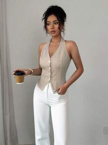 Elenzga Women's Fashionable & Elegant Commuter Striped Lapel Full Button Closure Fitted Waistcoat - Multicolor - View 4