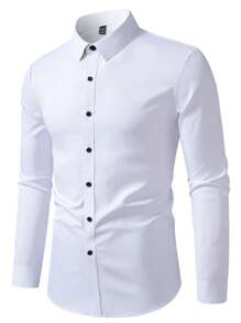 Manfinity Bizformal Men's Solid Color Simple Daily Long Sleeve Shirt, White Dress Shirts For Men, Men's Business Shirt, Men's Business Casual Shirt, Dress Shirt - White - View 3