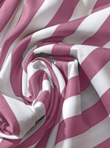 2pcs Plus Size Set - Solid Square Neck Top And Striped Printed Belted Long Pants - Dusty Pink - View 5