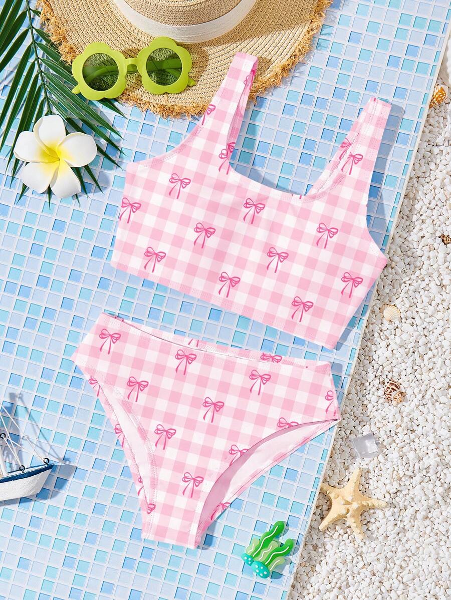 SHEIN 可爱粉色格子、粉色蝴蝶结印花女童休闲简约吊带背心和三角裤泳衣套装，适合夏季休闲度假 - 彩色 - 查看 1