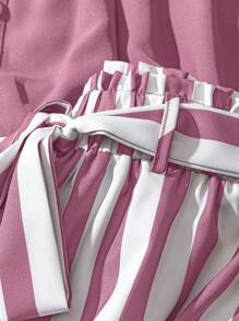 2pcs Plus Size Set - Solid Square Neck Top And Striped Printed Belted Long Pants - Dusty Pink - View 4