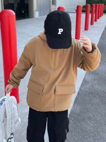 Chaqueta informal suelta tejida con bolsillo con parche y cremallera media para niños preadolescentes - Marrón - Ver 6