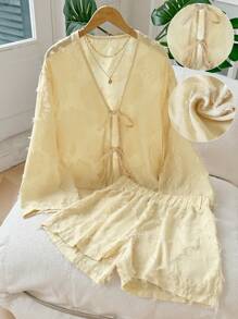 SHEIN 2Pcs Set Women Textured Fabric Shirt And Shorts Fall Cloth For Women - Apricot - View 1