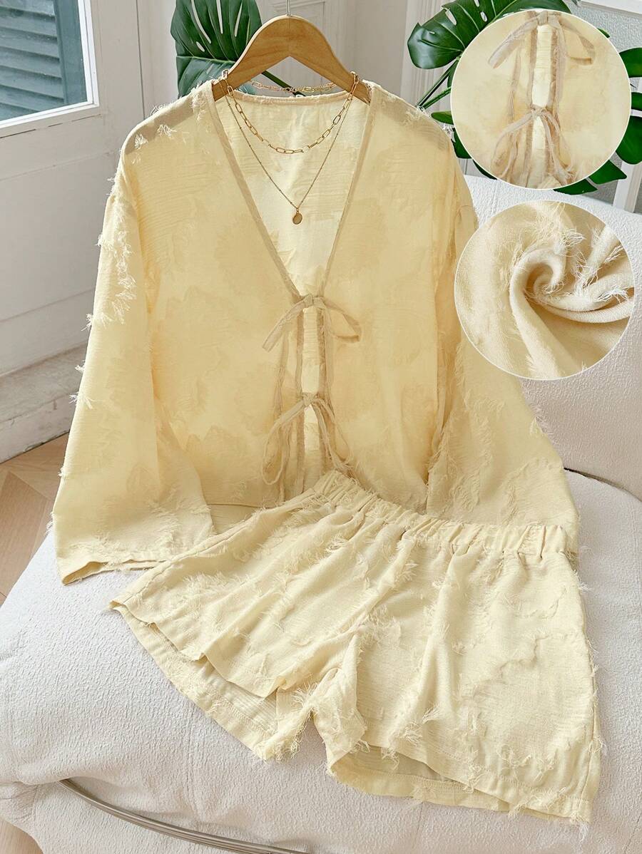 SHEIN 2Pcs Set Women Textured Fabric Shirt And Shorts Fall Cloth For Women - Apricot - View 1