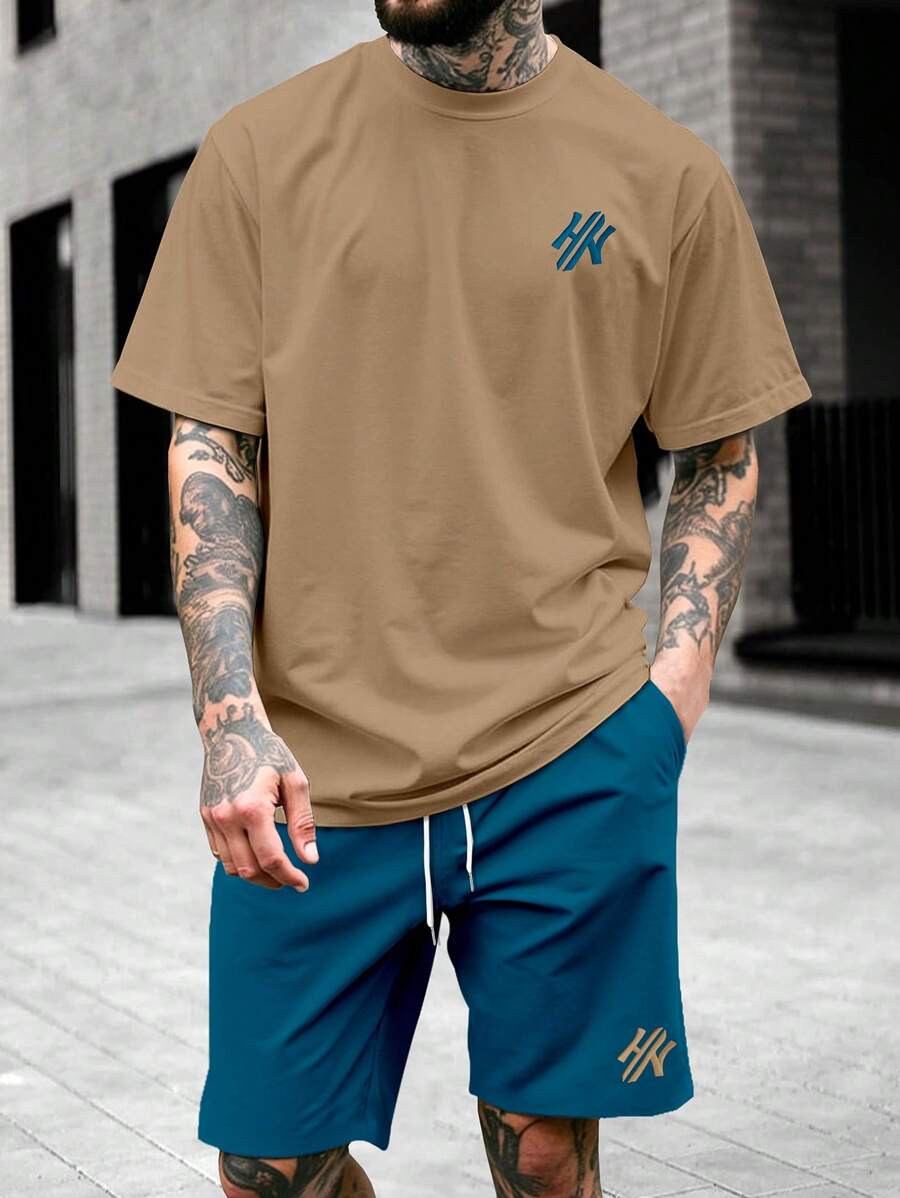 Manfinity Homme 男士字母印花短袖T恤和撞色口袋短裤套装 - 彩色 - 查看 1