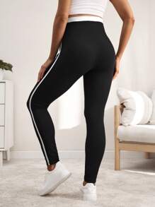 SHEIN 孕妇弹力腰拼接黑白打底裤，秋冬休闲 - 黑色 - 查看 2