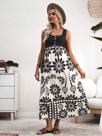 SHEIN Robe de maternité moulante à imprimé floral patchwork sans manches, ourlet imprimé aléatoire