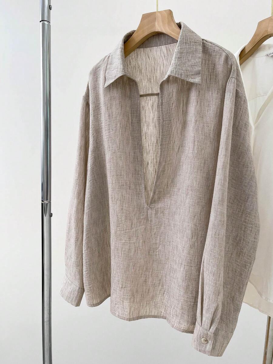 SHEIN Áo thun chui đầu cổ chữ V sâu phong cách Pháp thoải mái, rộng rãi - Màu Khaki - Xem 1