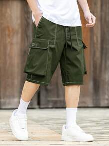 Manfinity Roghcode Pantalones cortos casuales de pierna ancha con bolsillo de carga y cordón para la cintura para hombre - Verde militar - Ver 3