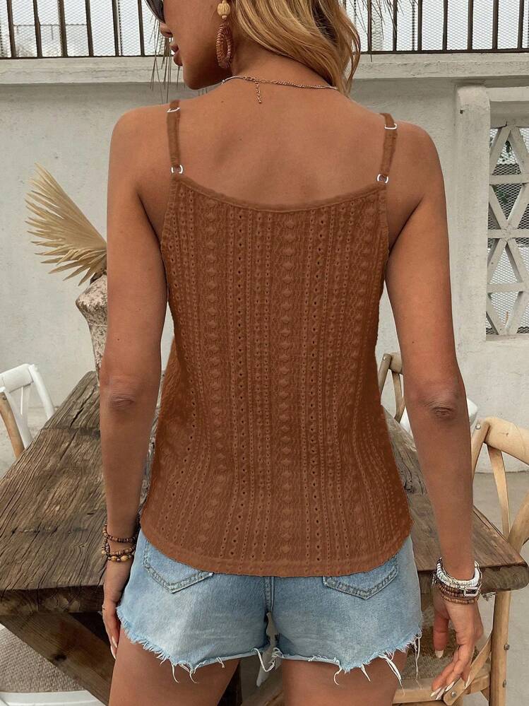 SHEIN LUNE 女士时尚镂空提花纹理波西米亚风纽扣装饰吊带背心 - 棕色 - 查看 2