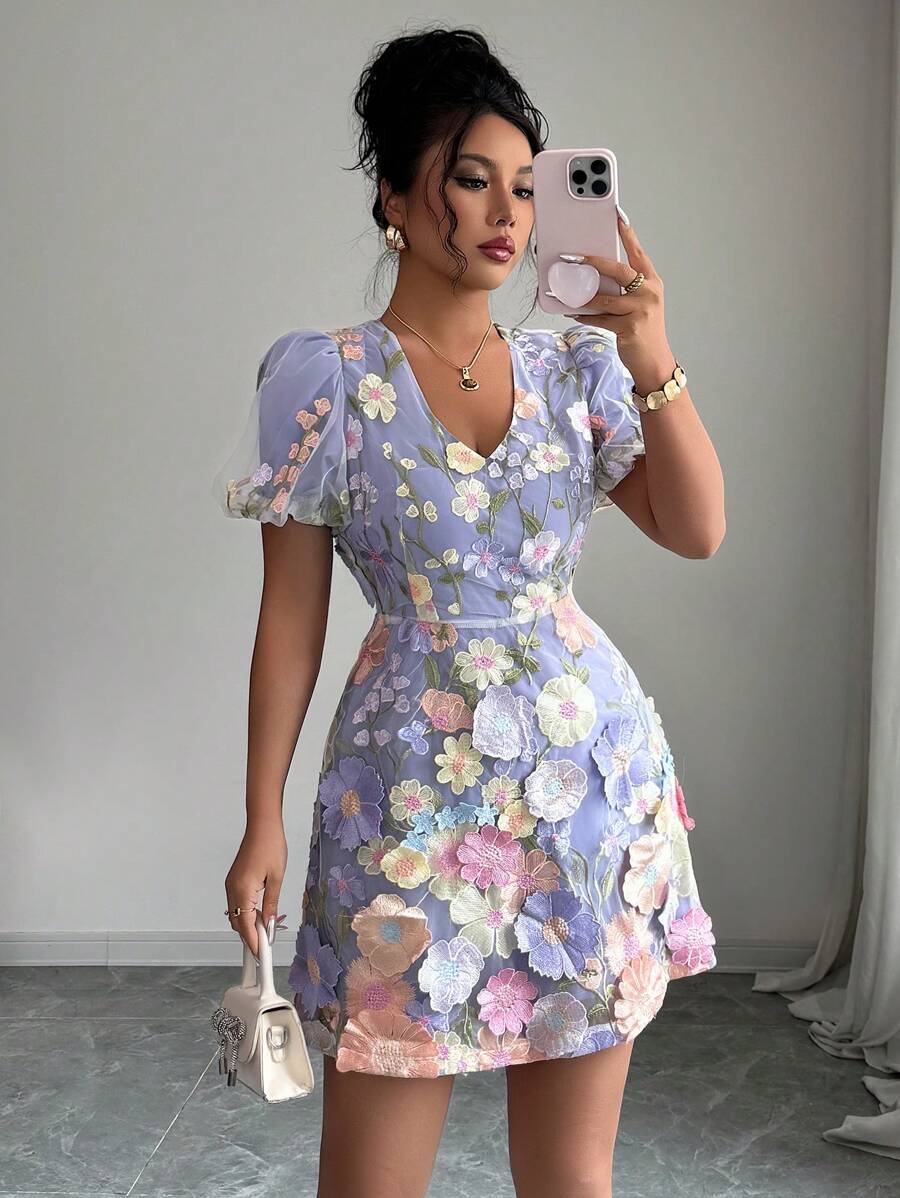 Elenzga 女士 V 领短款泡泡袖优雅刺绣花卉短裙 - 彩色 - 查看 1