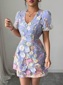 Elenzga 女士 V 领短款泡泡袖优雅刺绣花卉短裙 - 彩色 - 查看 3