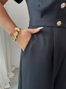 Elenzga Women's Elegant Commuting Fashion Exquisite Ruffled Cap Sleeve Button-Front Jumpsuit - Black - View 3