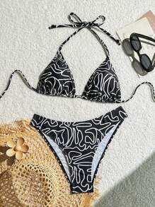 Swim Mod Women's Vacation Striped Print Halter Tie Open Back Sexy Bikini, Printed Pattern Random Summer - Multicolor - View 3