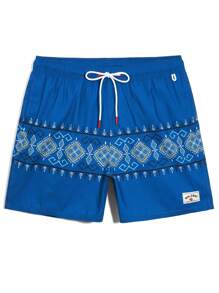 Manfinity KASUA Men's Geometric Print Drawstring Waist Beach Shorts - Blue - View 2