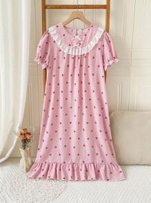 White Bow Ruffle Trim Red Cherry Bubble Crinkle Long Sleeve Nightgown Loungewear, For Teenage Girls - Pink - View 3