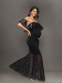 SHEIN Solid Off Shoulder Ruffle Organza Mermaid Long Maternity Dress For Baby Shower/Christening/Party - Black - View 7