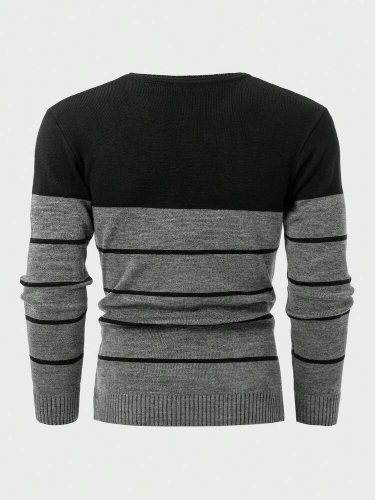EURMUSE Men Color Block Striped Casual AW Regular Sweater - Dark Grey - View 2